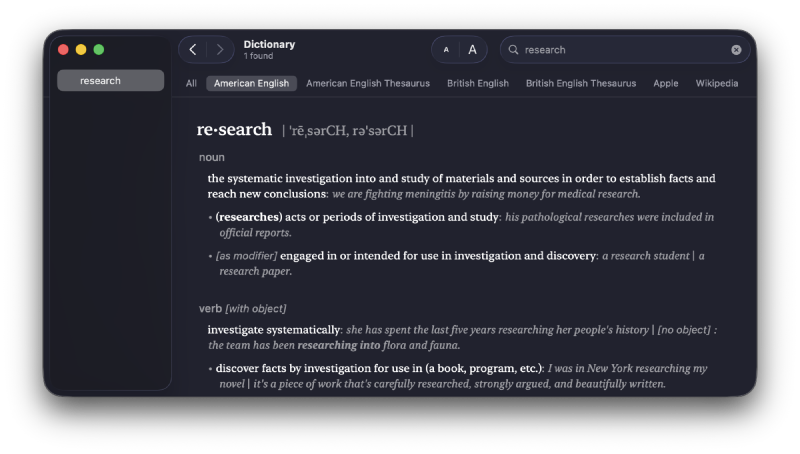 Apple Dictionary with a term “research”
