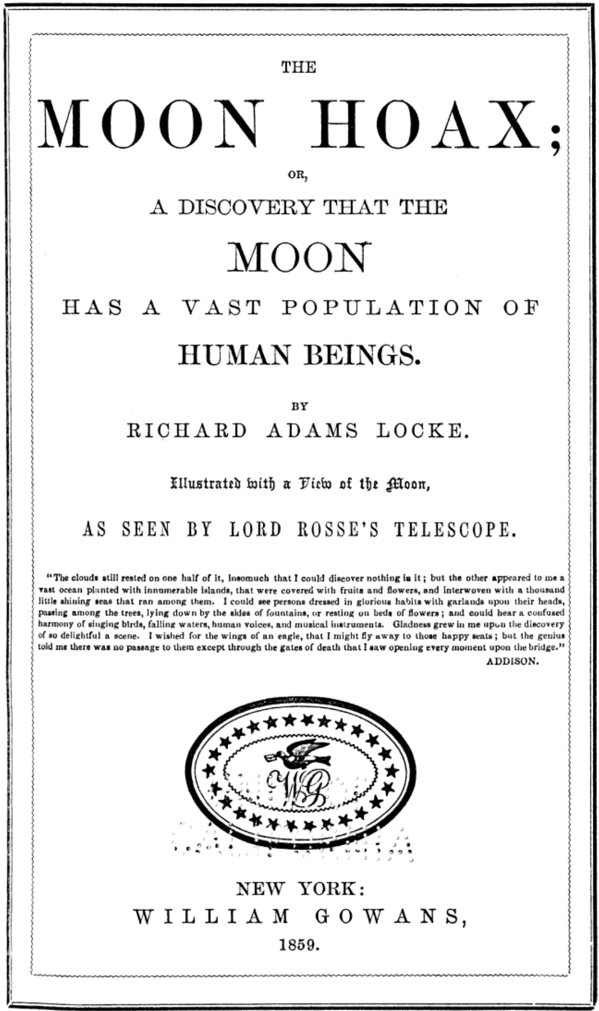 Title page of an 1859 New York edition of The Moon Hoax by Richard Adams Locke, published by William Gowans.