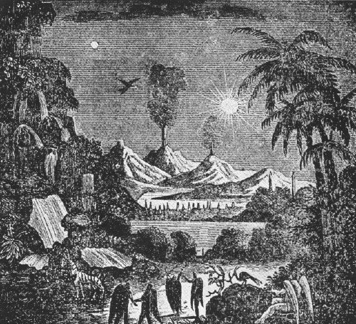 Engraving of the invented lunar landscape from the 1835 Moon Hoax, showing winged bat-people among tropical trees, waterfalls, and mountains.